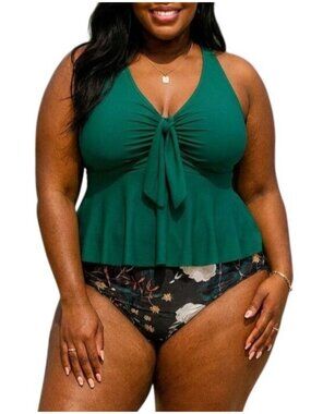 Hanna Nikole Plus Size 12W Tankini Set Two Piece Ruching swimsuit Green Floral